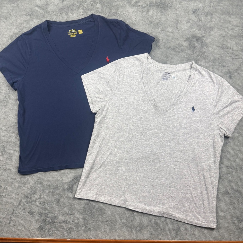 Lot of 2 Polo Ralph Lauren Womens V-Neck T-Shirts XL Navy Blue Gray Cotton Tee